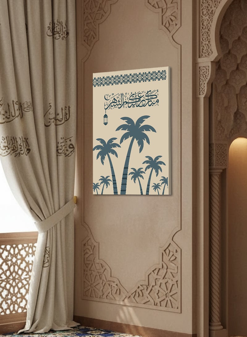 لوحة كانفاس على إطار خشبي بتصميم مبارك عليكم الشهر مع فانوس رمضان - Image 1